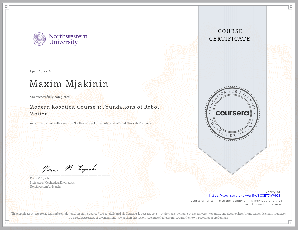 Modern Robotics 1 Certificate